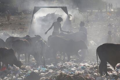 Hombre y niños entre el polvo de un vertedero en Karachi, Pakistán, mientras buscan objetos que puedan reciclar.