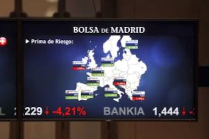 Panel en la Bolsa de Madrid que indica la situación de la prima de riesgo. EFE/Archivo