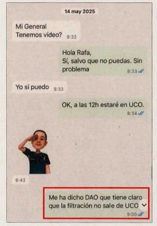Whatsapp aportado por el teniente general López Malo de su conversación con el general Rafael Yuste