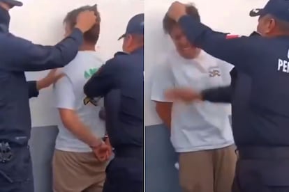 Capturas del video difundido en redes sociales en el que se observa a dos presuntos custodios agredir Rodolfo Márquez en el penal de Barrientos.