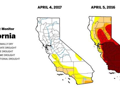 El contraste entre la situación actual y hace un año en California. Las zonas rojas son de "sequía excepcional".