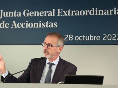 Marc Murtra, presidente de Indra, durante la junta de accionistas celebrada hoy.