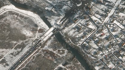 A satellite image of the bridge destroyed in the Ukrainian city of Irpin