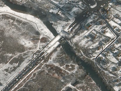 A satellite image of the bridge destroyed in the Ukrainian city of Irpin