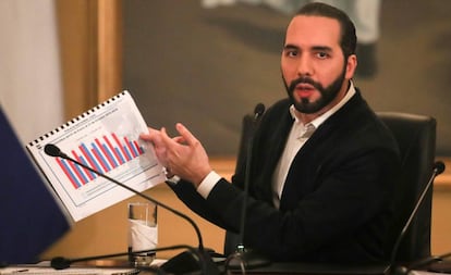 El presidente salvadoreño Nayib Bukele durante una reunión con funcionarios de seguridad en San Salvador.