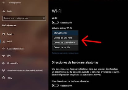 Define el periodo de tiempo inactivo de la wifi.