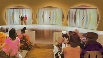 Imagen del concurso televisivo del dilema de las puertas, con el auténtico Monty Hall como presentador y auténticos norteamericanos como público.