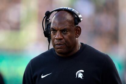 Michigan State coach Mel Tucker walks the sideline during the second half of an NCAA college football game against Richmond, on Sept. 9, 2023, in East Lansing, Mich.