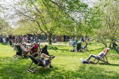Un grupo de personas disfruta del sol en el jardín del té 'The Orchard', en Cambridge, Inglaterra.
