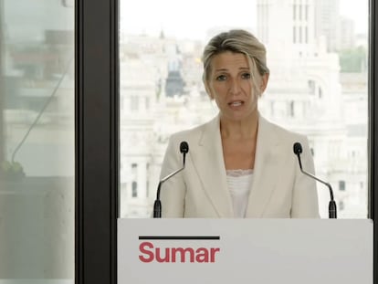 Yolanda Díaz, en la comparecencia en la que anunció su dimisión como líder de Sumar.