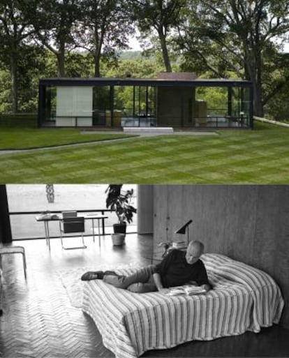 <strong>Transparencia letal</strong>. La Glass House [1], de Philip Johnson, arriba, es una atrocidad térmica: te congelas en invierno y te abrasas en verano gracias a sus paredes de cristal. Abajo, el arquitecto en la casa que tuvo que rodear de luces para no ver a sus 'voyeurs' (aunque a él le daba igual que lo mirasen) |