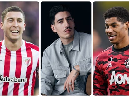 Desde la izquierda, los futbolistas Óscar de Marcos, Héctor Bellerín y Marcus Rashford.