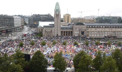 Protesta contra los recortes anunciados por el Gobierno, este viernes en Helsinki (Finlandia).