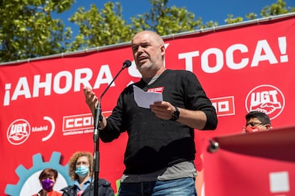 Unai Sordo, el lunes durante su intervención en una concentración organizada por los sindicatos CC OO y UGT en Madrid.
