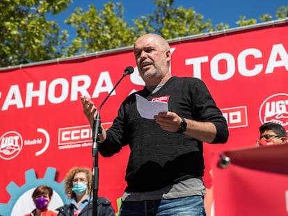 Unai Sordo, el lunes durante su intervención en una concentración organizada por los sindicatos CC OO y UGT en Madrid.