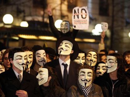 Manifestaci&oacute;n del colectivo Anonymous en febrero del a&ntilde;o pasado para protestar contra la Ley Sinde.