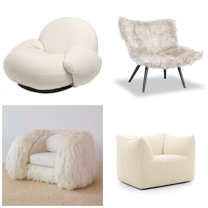 De izquierda a derecha, y de arriba abajo, sillón Pacha de Pierre Paulin para Gubi; sillón Nordkapp de Paola Navone para Baxter; sillón Furry de Fernando Laposse y el modelo Le Bambole.