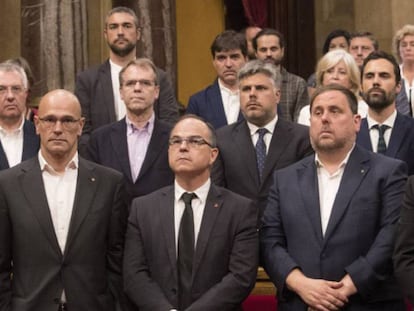 Desde la derecha y en primer término, Carles Puigdemont, Oriol Junqueras, Jordi Turull y Raül Romeva, en una foto de archivo.