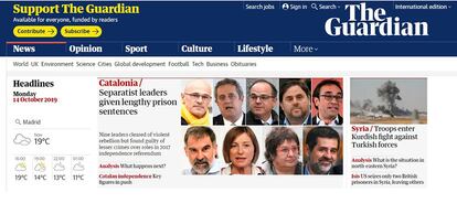 La sentencia también ocupa la primera posición en la portada de la edición internacional de ‘The Guardian’, con sede en Londres. Para el diario, que abre con un mosaico de los líderes condenados, las penas son “largas”. Además, ‘The Guardian’ recoge un análisis de su corresponsal en Madrid titulado ‘¿Qué pasa después?’.