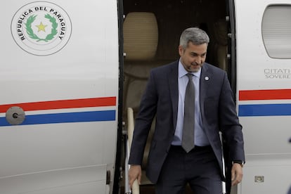 Paraguayan President Mario Abdo Benítez steps off a plane upon his arrival in Bogotá, Colombia, on August 6.