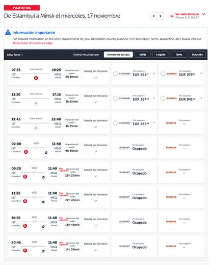 Captura de pantalla de la web de Turkish Airlines donde se aprecia que los vuelos hacia Minsk con escala en Moscú están completos