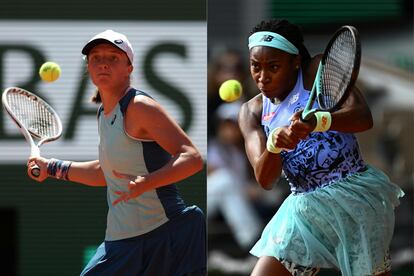 Swiatek y Gauff, durante sus respectivos partidos de semifinales en Roland Garros.