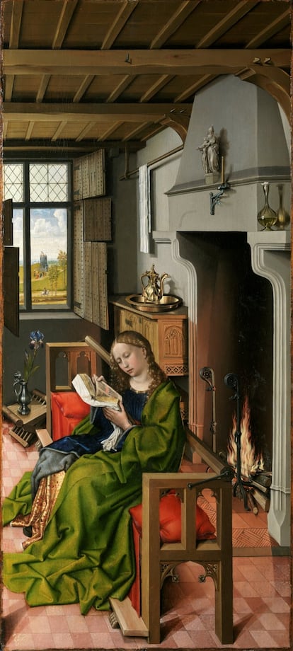 'Santa Bárbara' (1438), de Robert Campin. La naturaleza de la luz, su forma de crear sombras desde diferentes focos (la umbra, la penumbra), los diferentes colores del espectro electromagnético asociados a las diferentes temperaturas que aparecen el fuego de la chimenea, se representan con precisión científica en esta obra de Campin. “Si la luz estuviera compuesta solo de partículas, no existirían zonas de penumbra”, escribe el profesor, “el pintor, sin saberlo, da una idea de la naturaleza de la luz, de la dualidad onda corpúsculo”.