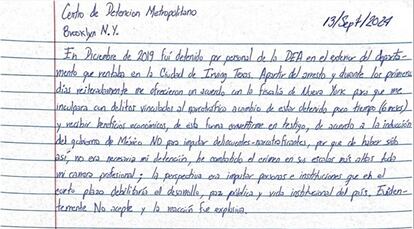 Fragmento de la carta manuscrita de Genaro García Luna que ha enviado a su abogado desde la cárcel.