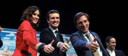 Pablo Casado, durante la presentación de Isabel Díaz Ayuso y José Luis Martínez-Almeida como candidatos en Madrid.