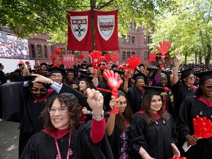 Graduating Harvard University students celebrate their degrees in Cambridge, Mass