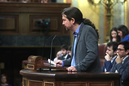 El líder de Unidas Podemos, Pablo Iglesias, durante su intervención.