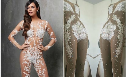 A la izquierda, Cristina Pedroche con el vestido de Pronovias, y a la derecha el modelo del diseñador Joshua Velázquez.