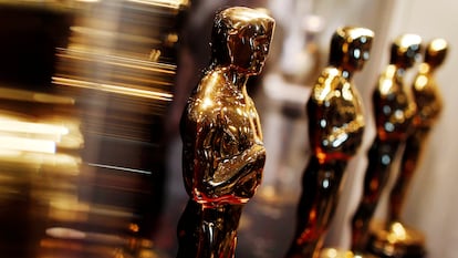 Oscar statuettes at an exhibition in New York.