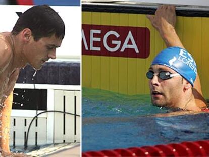 Alexander Popov, saliendo del agua, y Eduard Lorente, aún en ella, nada más terminar sus respectivas semifinales de los 50 metros libres.