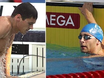 Alexander Popov, saliendo del agua, y Eduard Lorente, aún en ella, nada más terminar sus respectivas semifinales de los 50 metros libres.