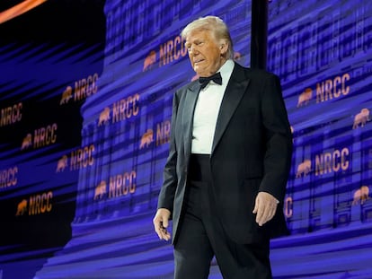 President Donald Trump arrives to speak at the National Republican Congressional Committee (NRCC) dinner at the National Building Museum in Washington, Tuesday, April 8, 2025. (Pool via AP)
Associated Press/LaPresse