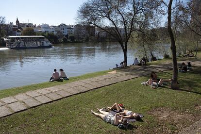 Varias personas toman el sol junto al río Guadalquivir en Marqués de Contadero (Sevilla).
