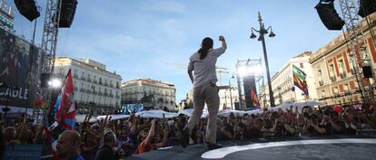 El l&iacute;der de Podemos, Pablo Iglesias, en la concentraci&oacute;n en la Puerta del Sol.