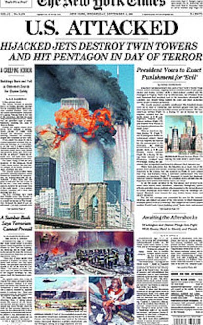 The New York Times: "Aviones secuestrados destruyen las Torres Gemelas y golpean el Pentágono en un día de terror".
(THE NEW YORK TIMES)