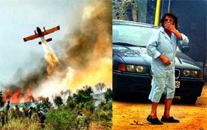 Un avión durante la extinción del incendio de Badalona.