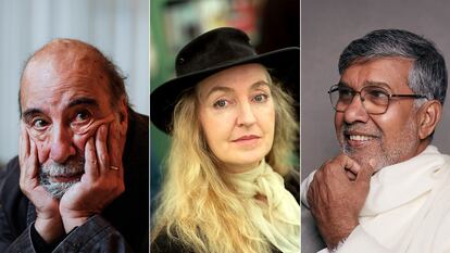 Los escritores Raúl Zurita, Rebecca Solnit y el activista Kailash Satyarthi.