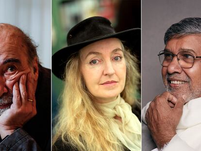 Los escritores Raúl Zurita, Rebecca Solnit y el activista Kailash Satyarthi.