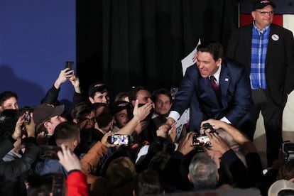 Florida Governor and Republican presidential candidate Ron DeSantis greets his supporters at his Iowa caucus watch party in West Des Moines, Iowa, U.S., January 15, 2024.