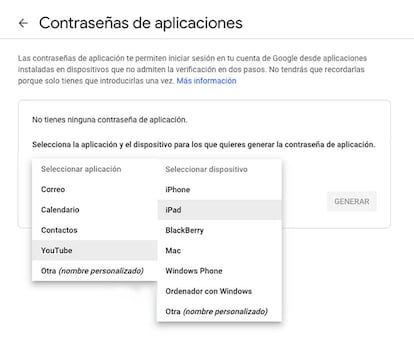 Contraseñas de aplicaciones para Google.