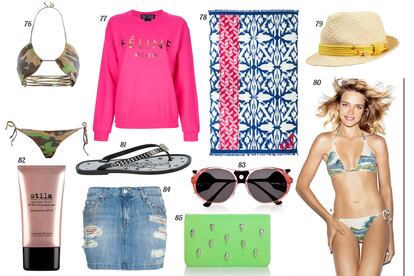 76. Diesel Bikini con print de camuflaje. 77. Brian Lichtenberg Sudadera con letras en dorado. 78. Roxy Toalla estampada con ribetes de flecos. 79. O´Neill Borsalino de rafia con cordones. 80. Etam. 81. Philipp Plein Flip flop con strass y calavera. 82. stila Iluminador SPF 30 “Stay all day”. 83. Marni Gafas de sol con montura de pasta transparente. 84. Mango Mini vaquera con rotos y cadenas. 85. Malababa Clutch de con calaveras.