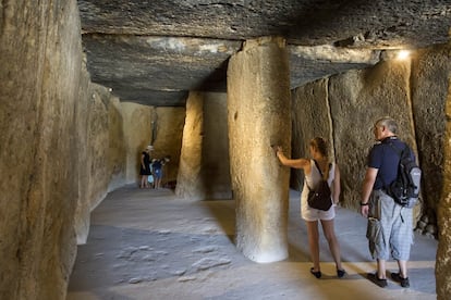 Interior of the Dolmen of Menga in Antequera (Málaga), covered by a 150-ton slab.