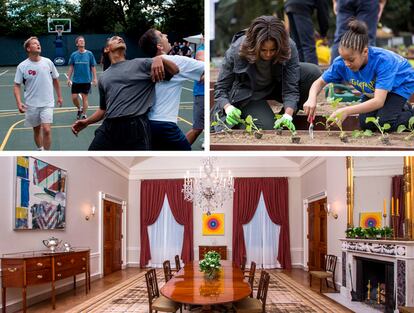 Arriba a la izquierda, la reforma de la cancha de basquet, a la derecha, el huerto de Michelle Obama. Abajo: Michelle se encargó personalmente de redecorar este comedor de la Casa Blanca, donde introdujo por primera vez la obra de una artista afroamericana.