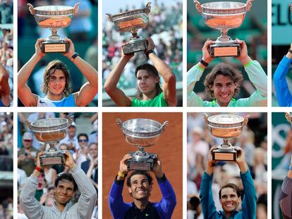 Montaje en el que Nadal posa con los 13 trofeos que ha ganado en París.