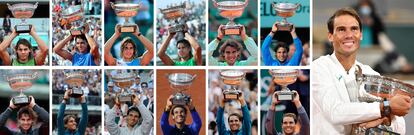 Montaje en el que Nadal posa con los 13 trofeos que ha ganado en París.