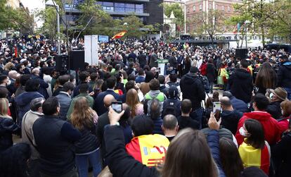 Acto de Vox este martes en la céntrica plaza de Daoiz y Velarde en Madrid. 